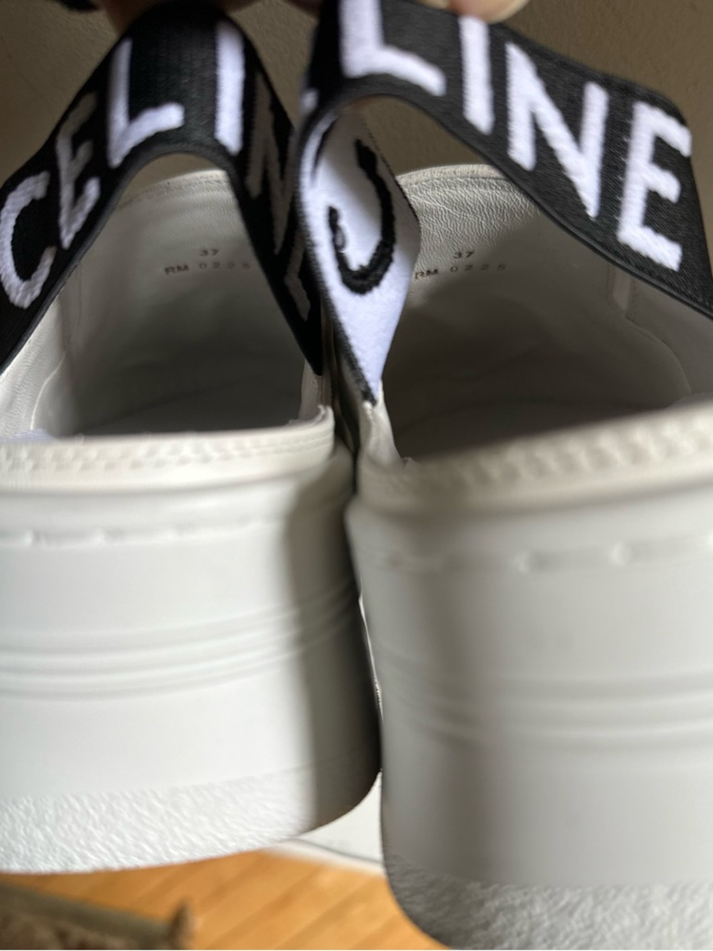 Celine White Leather Platform Slip-On with Black Logo Heel Strap - Picture 10 of 14